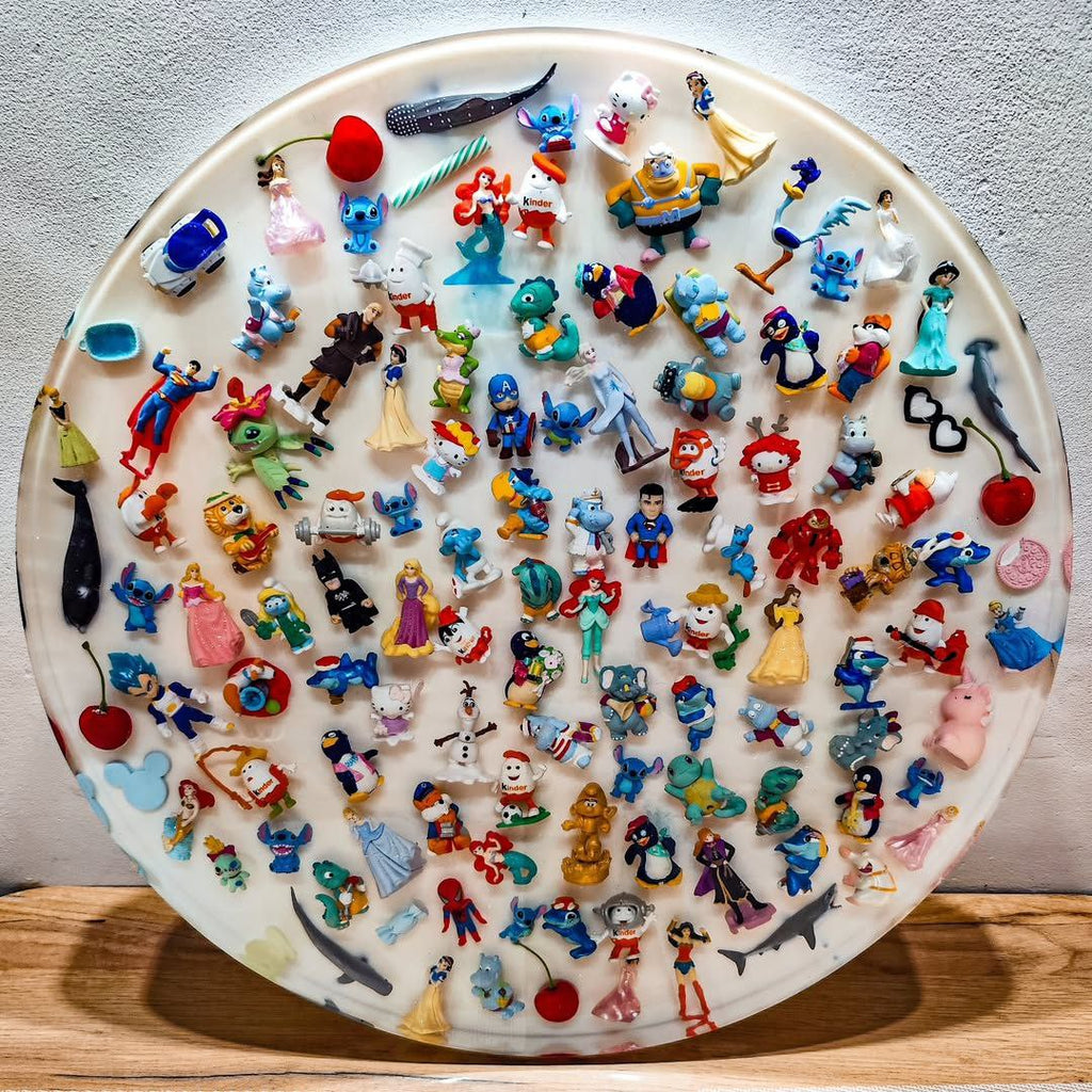 ✨ Handmade Epoxy Resin Tabletop with Disney & Kinder Surprise Figures – Unique Art Furniture, 50cm, free shipping!