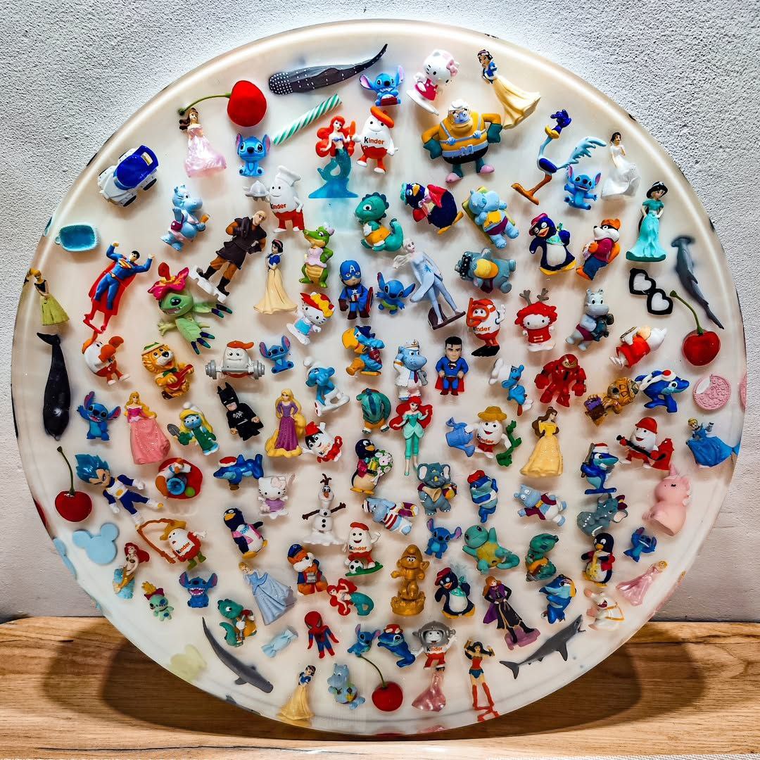✨ Handmade Epoxy Resin Tabletop with Disney & Kinder Surprise Figures – Unique Art Furniture, 50cm, free shipping!
