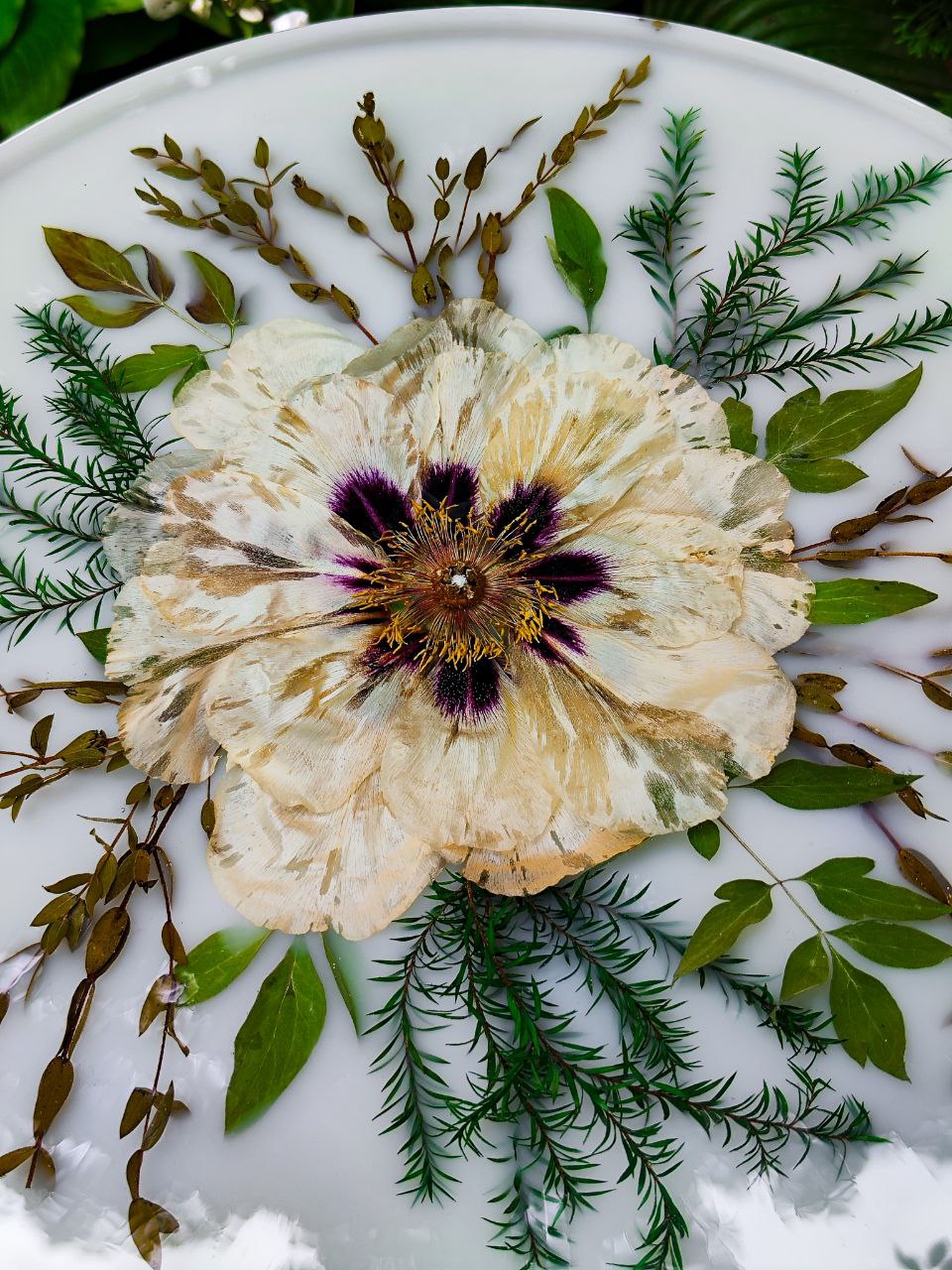 🌸 Handmade Epoxy Resin Tabletop with Pink Peony, Eucalyptus & Fern – Botanical Art Furniture, 50cm, free shipping.