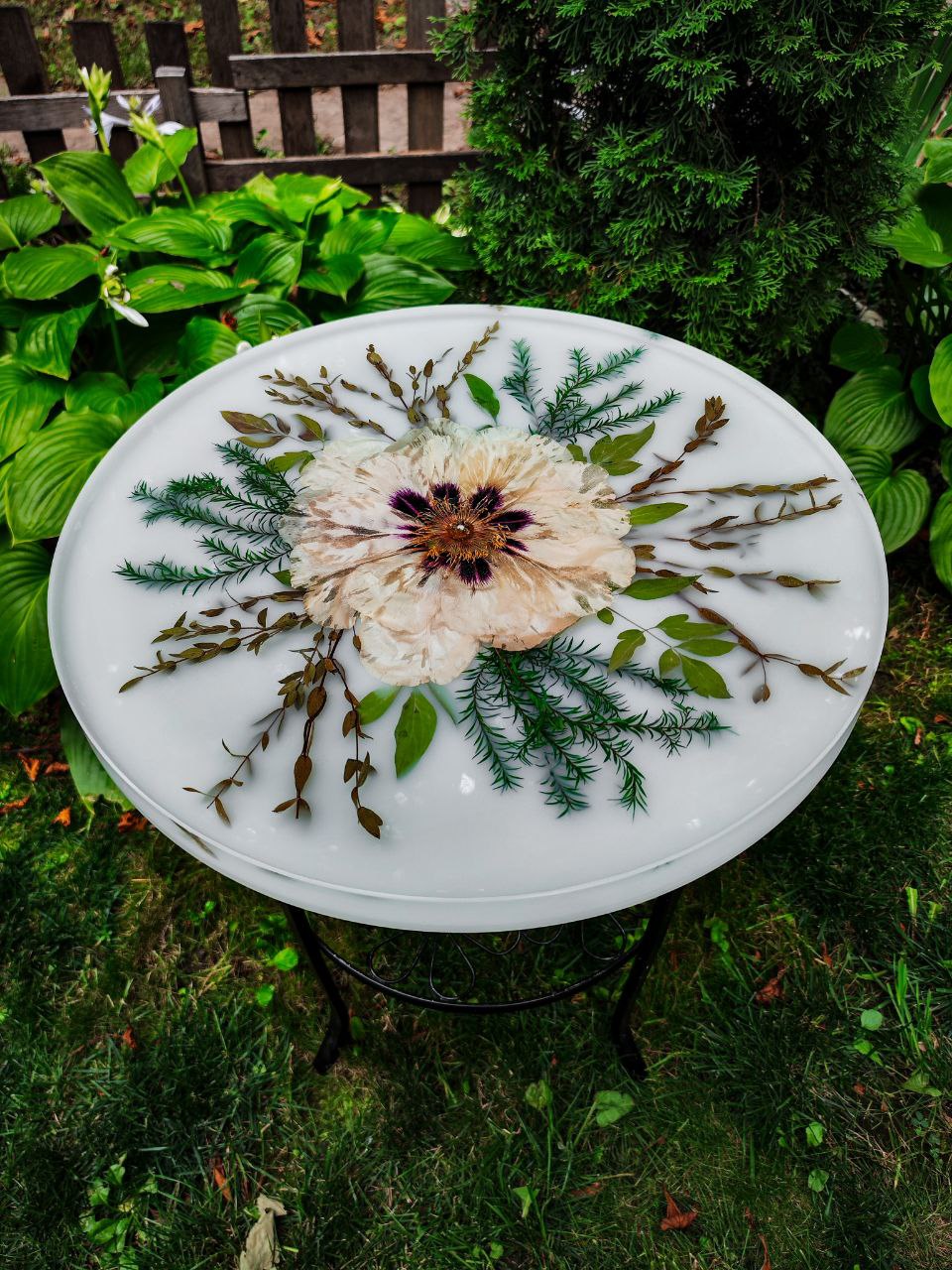 🌸 Handmade Epoxy Resin Tabletop with Pink Peony, Eucalyptus & Fern – Botanical Art Furniture, 50cm, free shipping.