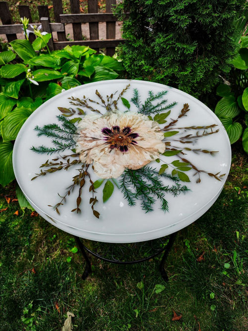 🌸 Handmade Epoxy Resin Tabletop with Pink Peony, Eucalyptus & Fern – Botanical Art Furniture, 50cm, free shipping.