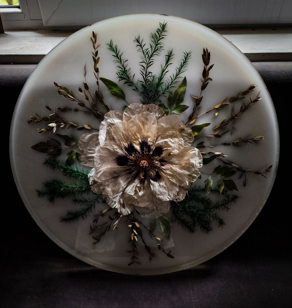 🌸 Handmade Epoxy Resin Tabletop with Pink Peony, Eucalyptus & Fern – Botanical Art Furniture, 50cm, free shipping.