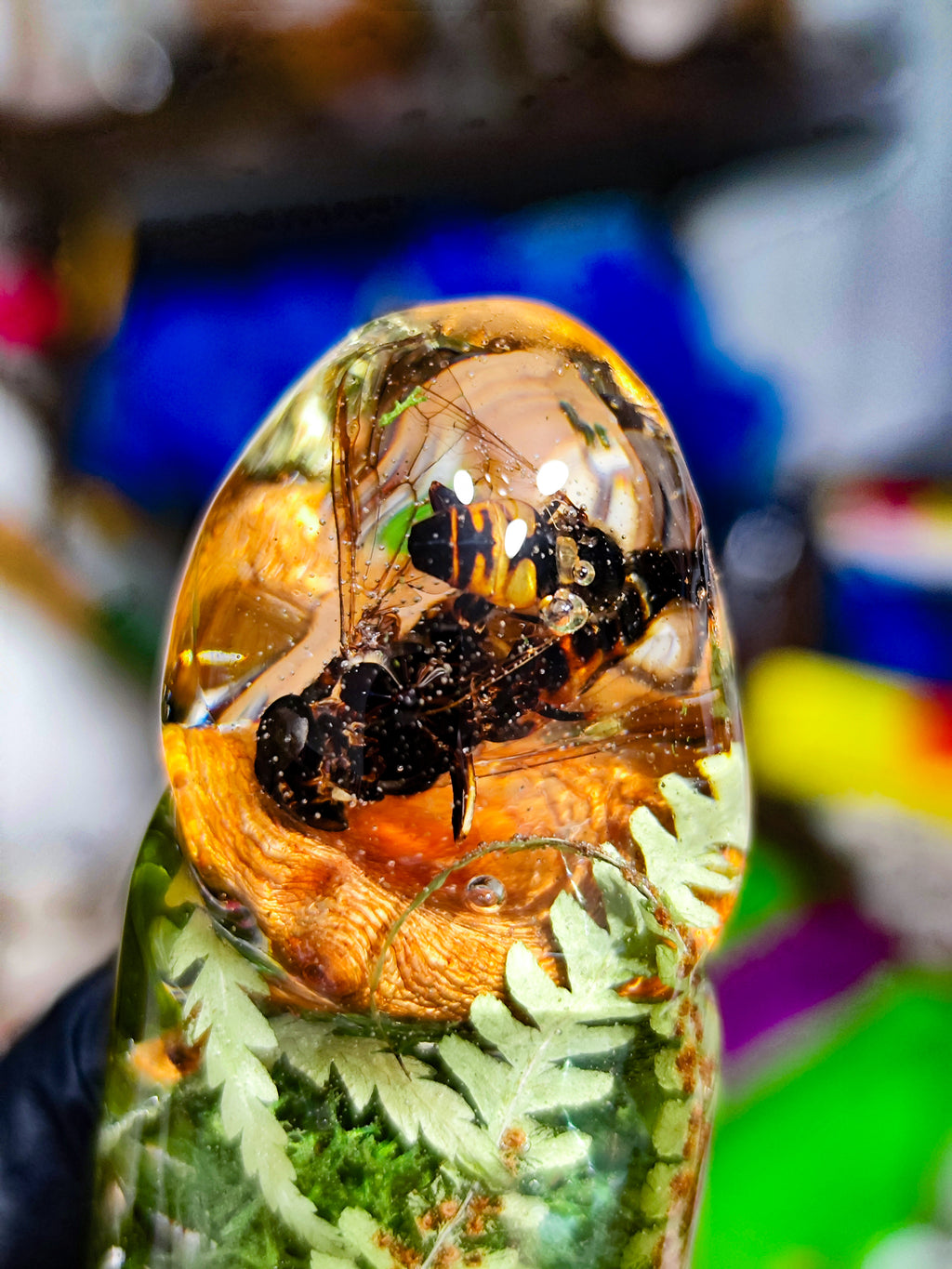 🌿🐝🍄‍🟫🐞Handmade Epoxy Resin Sculpture with Wasp, Ladybug, Mushroom, Fern, Moss(16cm|6.3in|free shipping)