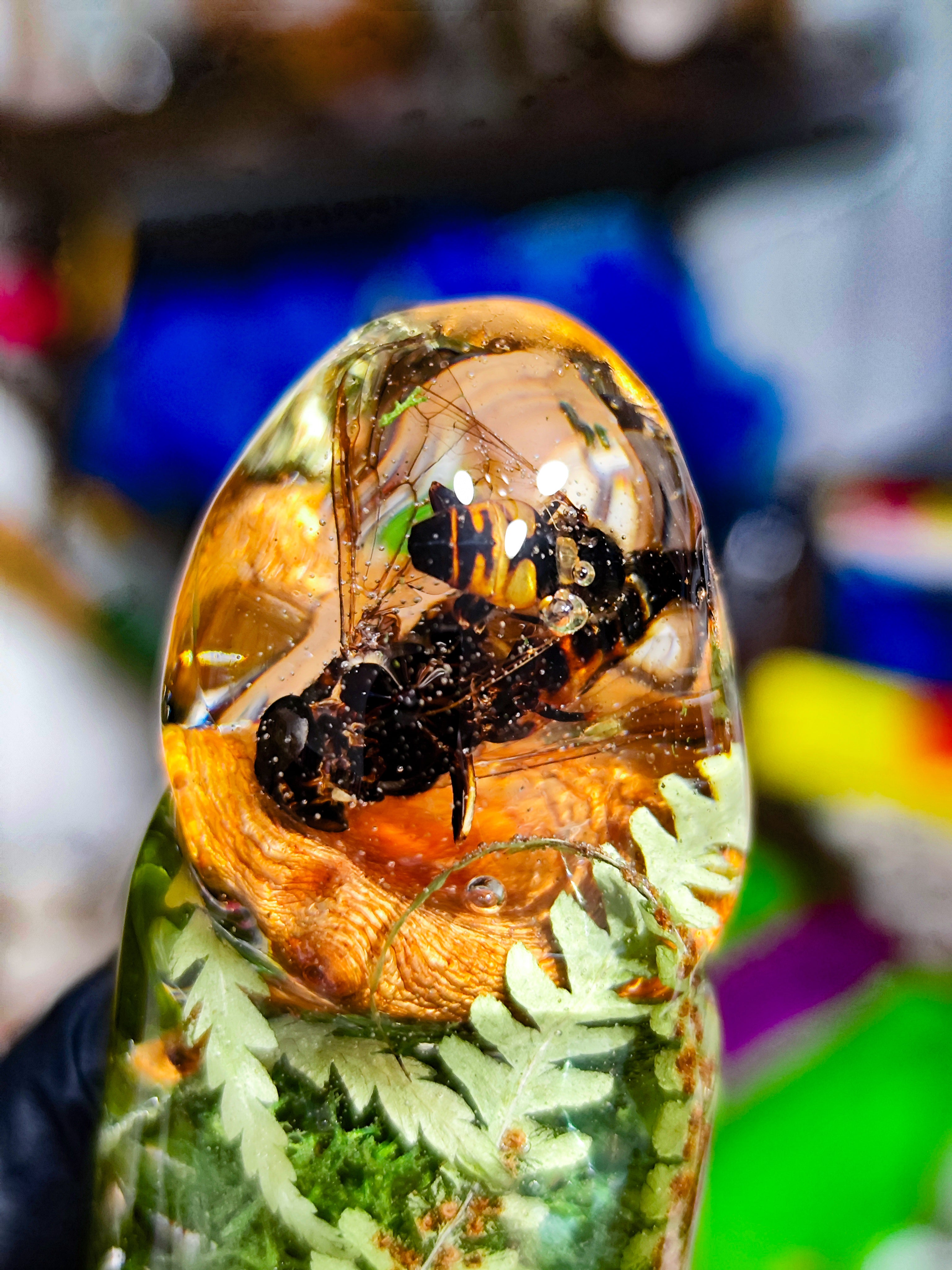 🌿🐝🍄‍🟫🐞Handmade Epoxy Resin Sculpture with Wasp, Ladybug, Mushroom, Fern, Moss(16cm|6.3in|free shipping)