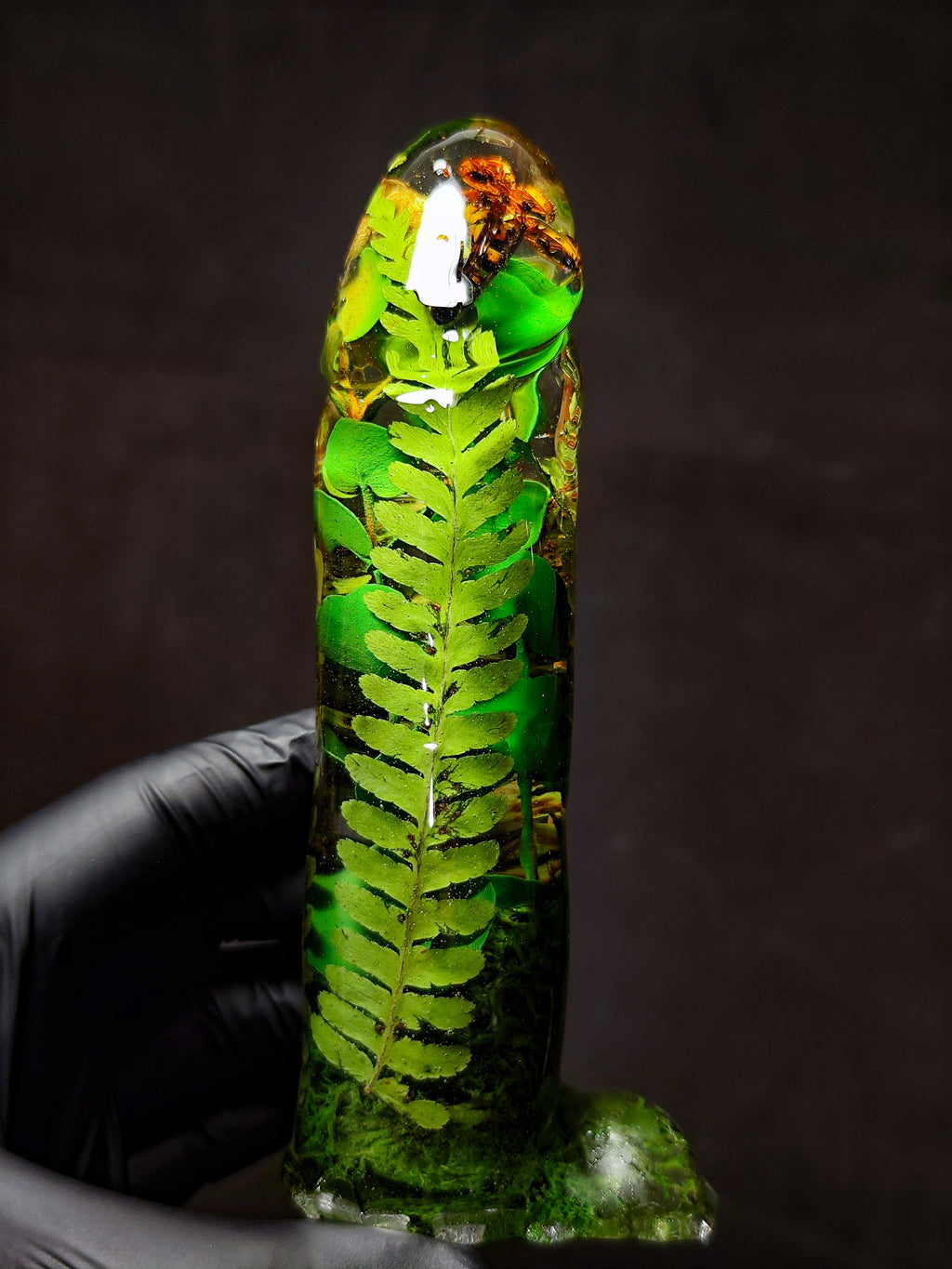 🌿🐝🍄‍🟫🐞Handmade Epoxy Resin Sculpture with Wasp, Ladybug, Mushroom, Fern, Moss(16cm|6.3in|free shipping)