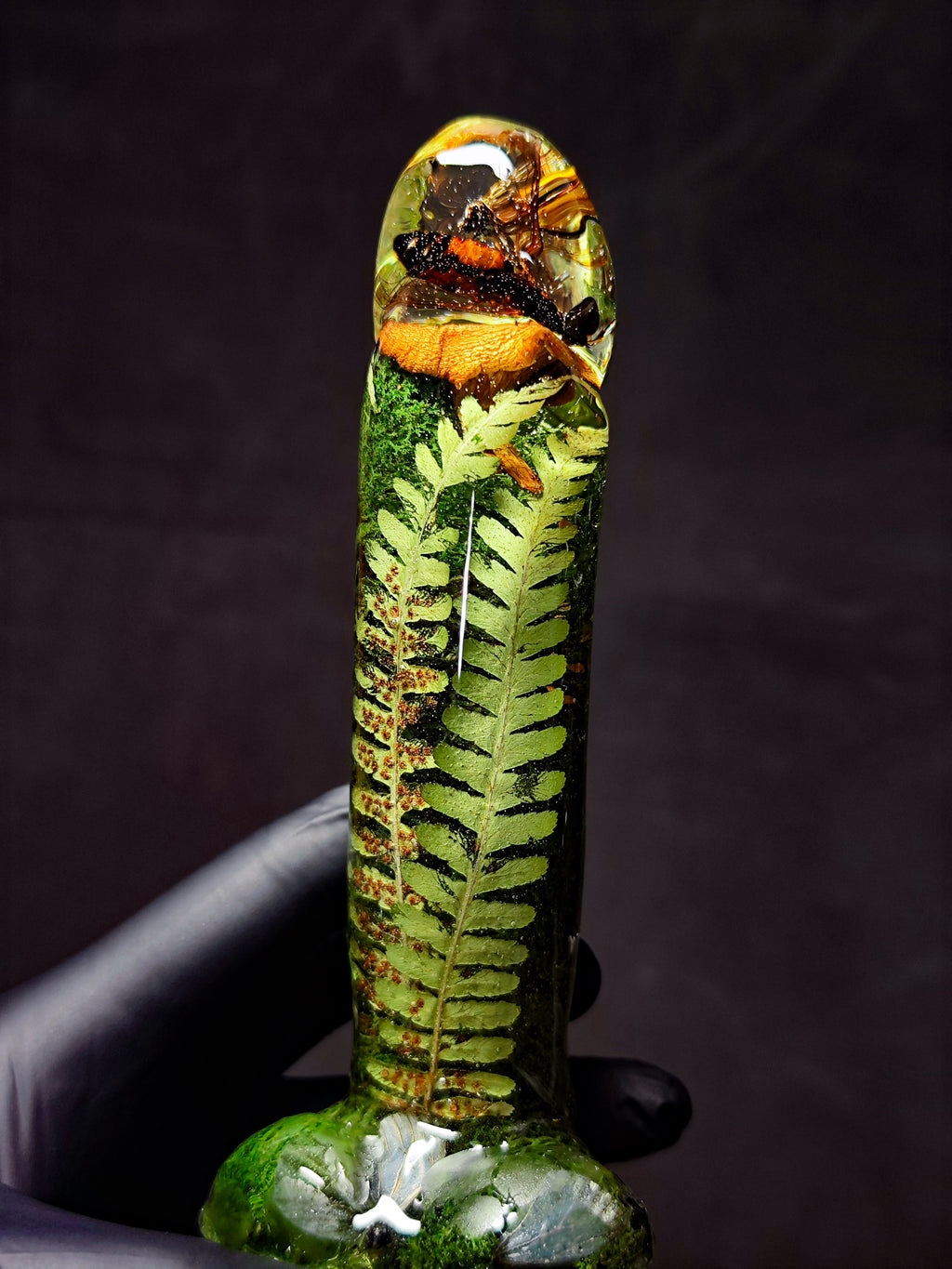 🌿🐝🍄‍🟫🐞Handmade Epoxy Resin Sculpture with Wasp, Ladybug, Mushroom, Fern, Moss(16cm|6.3in|free shipping)