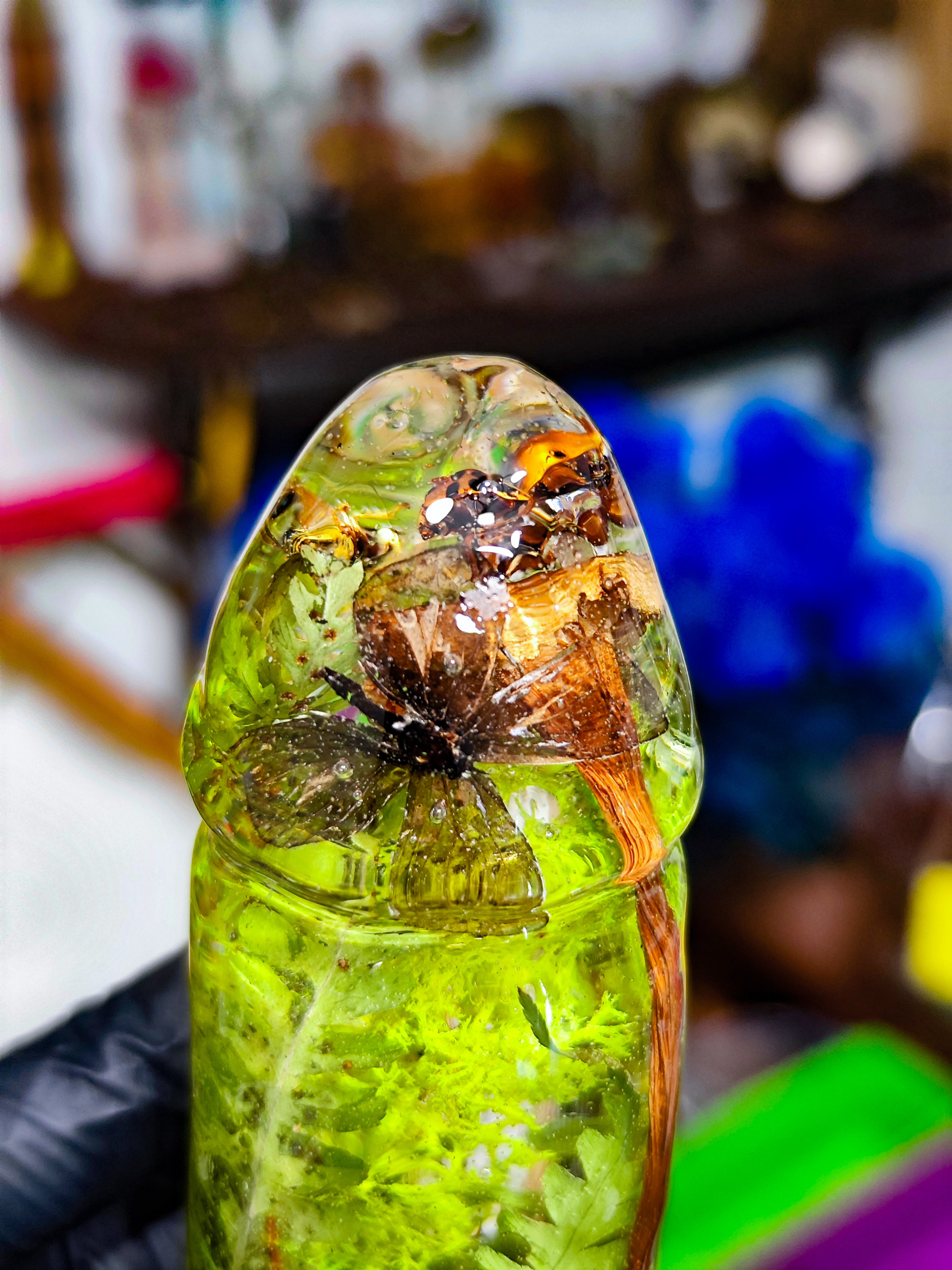🌿🪲🍄‍🟫🐞Handmade Epoxy Resin Sculpture with Butterflie, Ladybug, Mushroom, Fern, Moss(16cm|6.3in|free shipping)