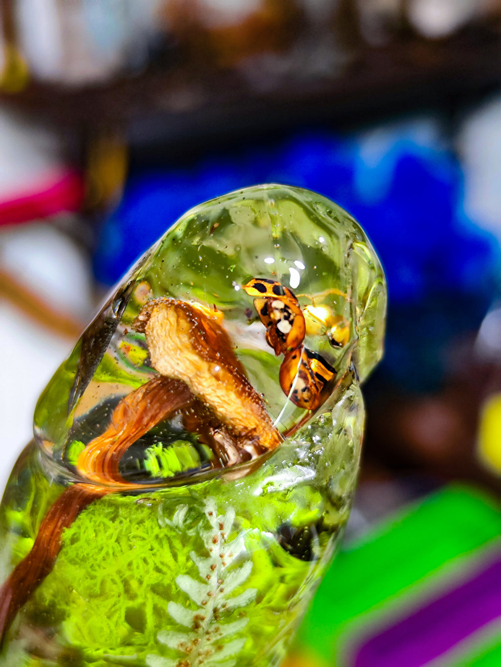 🌿🪲🍄‍🟫🐞Handmade Epoxy Resin Sculpture with Butterflie, Ladybug, Mushroom, Fern, Moss(16cm|6.3in|free shipping)