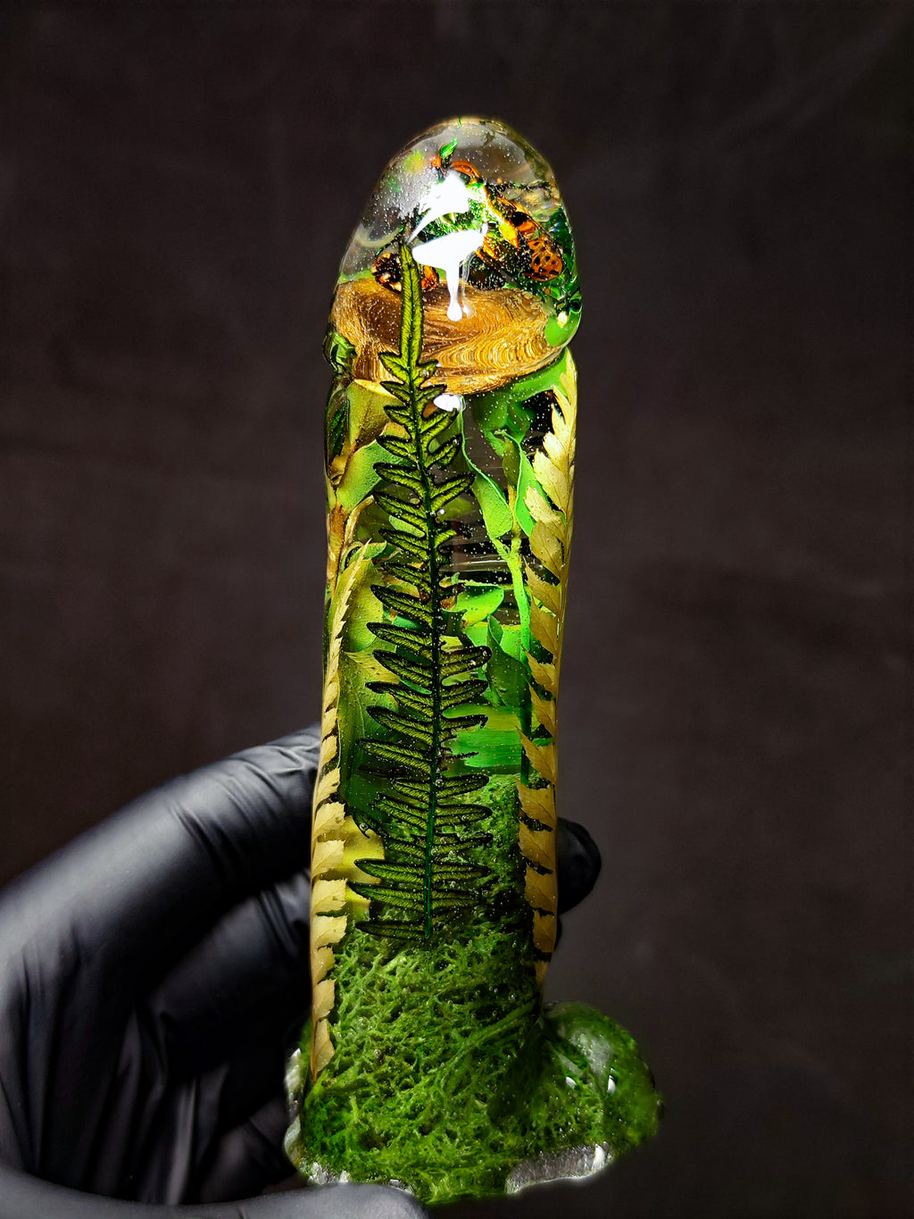 🌿🪲🍄‍🟫🐞Handmade Epoxy Resin Sculpture with Bronze beetle, Ladybug, Mushroom, Fern, Moss(16cm|6.3in|free shipping)